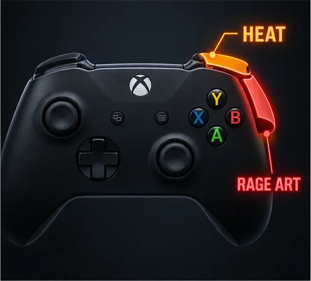 Een controller in Xbox-stijl waarbij de rechter bumper is gemarkeerd voor Heat en de aparte rechter trigger is gemarkeerd voor Rage Art.