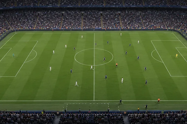 Een hoog camerastandpunt vanaf de zijlijn, waarop bijna het hele voetbalveld te zien is, beide teams en de ruimte aan de overkant.