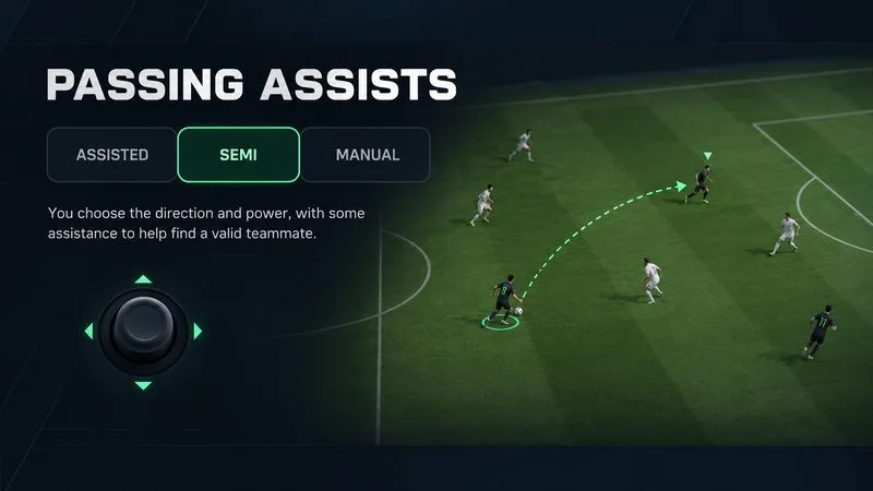 Illustratief paneel voor passondersteuning met de opties 'Geassisteerd', 'Semi-geassisteerd' en 'Handmatig' en een steekpassroute op een voetbalveld.