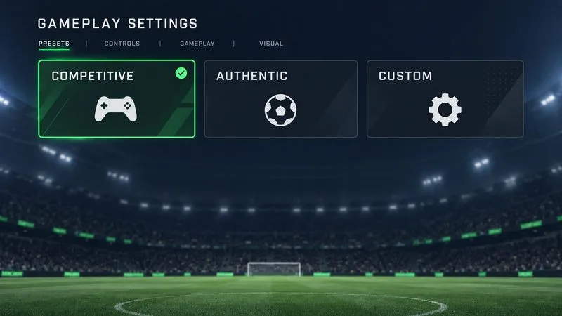 Illustratief scherm met instellingen voor een voetbalwedstrijd, waarbij 'Competitief' is geselecteerd naast de voorinstellingen 'Authentiek' en 'Aangepast'.