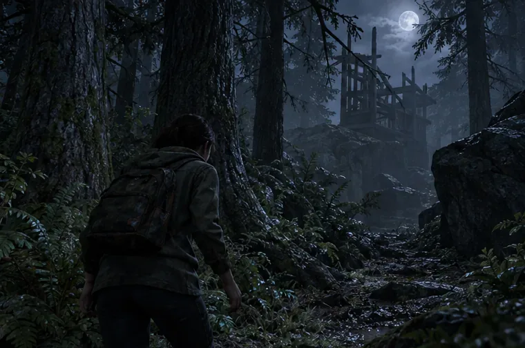 A moonlit forest scene with a dark-clothed figure visible against textured tree trunks and foliage