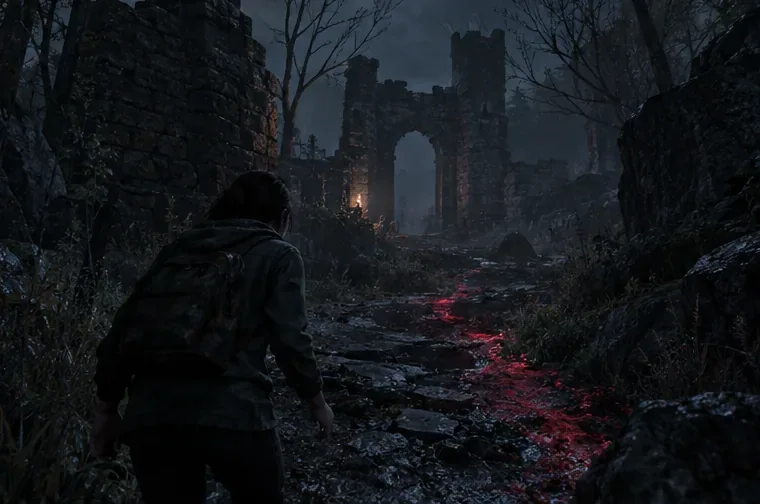 A muted red trail on a ruined stone path remains distinct from blue-gray plants and dark masonry