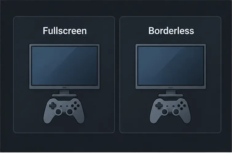 Equal side-by-side cards labeled Fullscreen and Borderless with matching monitor and controller icons