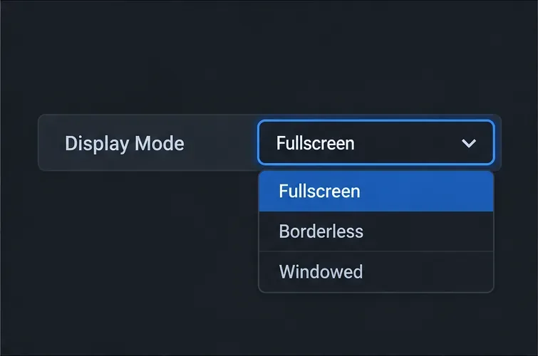 Illustrative Display Mode dropdown with Fullscreen selected above Borderless and Windowed