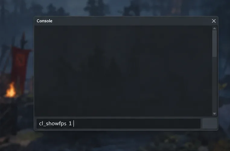 A dark console window with cl_showfps 1 entered at the bottom.