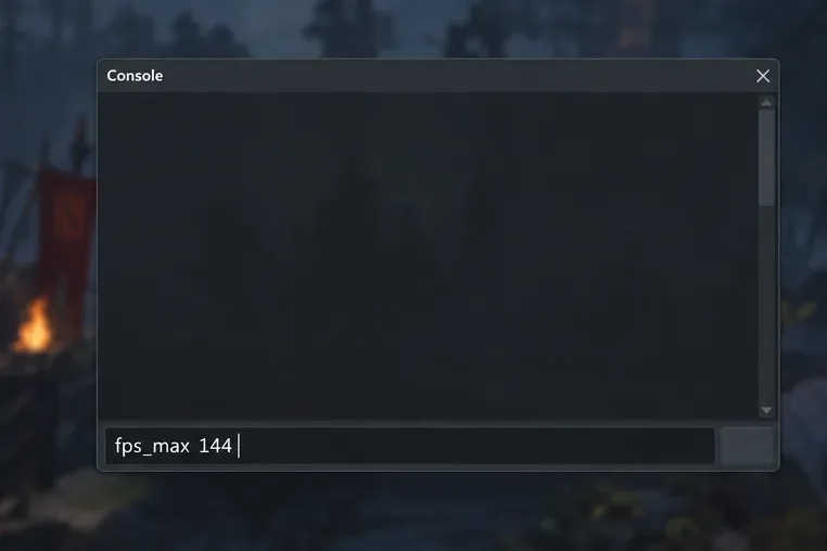 A console window with fps_max 144 in its command entry field.