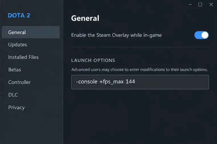 Steam General settings for Dota 2 with -console +fps_max 144 in Launch Options.