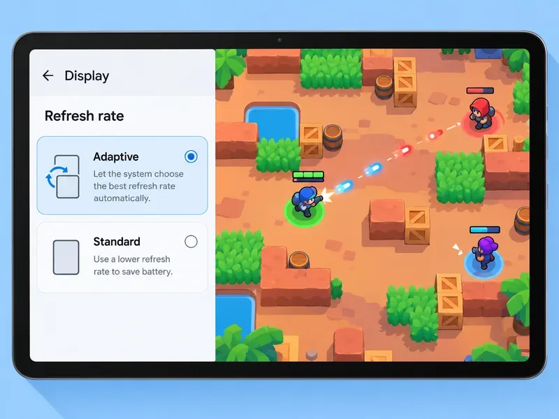 Illustratief tabletmenu met opties voor adaptieve en standaard vernieuwingsfrequentie naast een arena-spel.