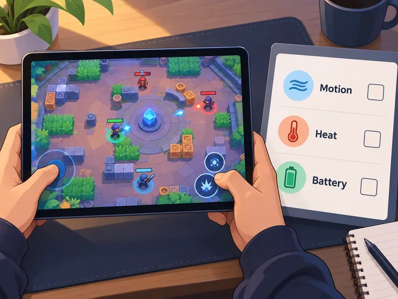Speler houdt een tablet vast waarop een arena-wedstrijd te zien is, naast een neutrale checklist voor beweging, warmte en batterij.
