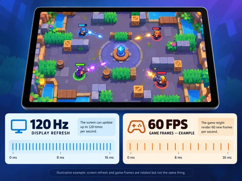 De illustratie op de tablet contrasteert een 120 Hz-scherm met een voorbeeld van een game die op 60 FPS draait.