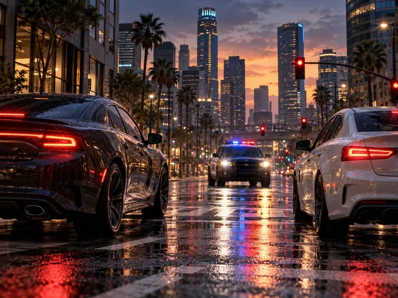 Dois carros escuros aguardam em um cruzamento molhado no centro da cidade enquanto uma viatura policial se aproxima sob o horizonte ao pôr do sol.