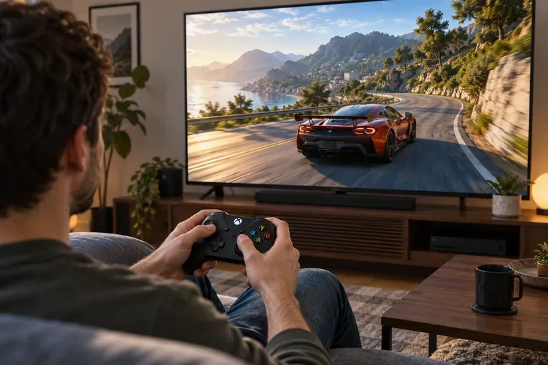 A player holding an Xbox-style controller while steering a sports car through a sunlit mountain bend on a large screen.