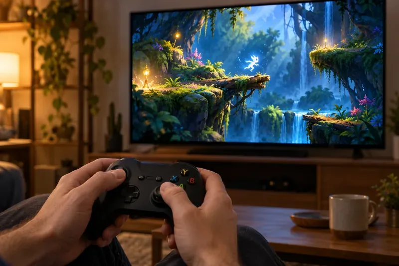 Hands on a black controller as a small glowing character jumps across platforms in a colorful forest game.