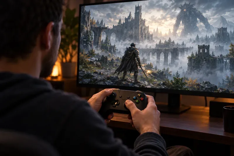 A player using a black controller as a lone armored adventurer explores a misty fantasy ruin on a monitor.
