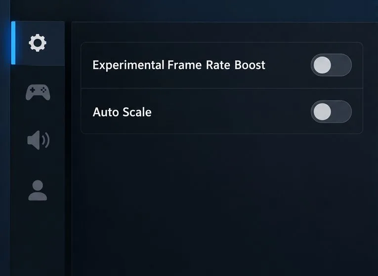 Illustrative settings panel showing Experimental Frame Rate Boost and Auto Scale switched off