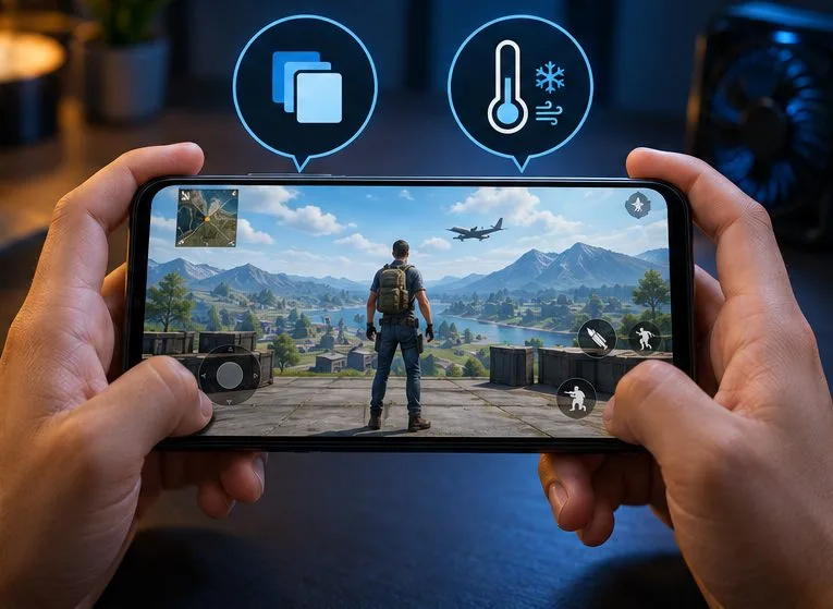 Hands holding a phone running a battle royale game, with icons for closing apps and cooling the device