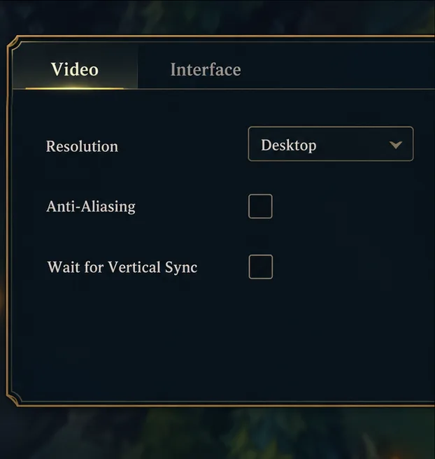 แผงวิดีโอแสดงตัวอย่างความละเอียดหน้าจอเดสก์ท็อป และตัวเลือก Anti-Aliasing และ Wait for Vertical Sync ที่ไม่ได้เลือกไว้