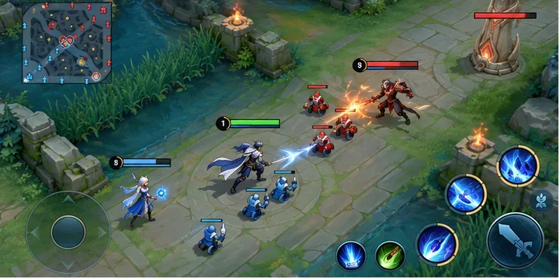 Top-down fantasy MOBA lane with distinct hero silhouettes and restrained effects, illustrating a readable balanced-graphics baseline.