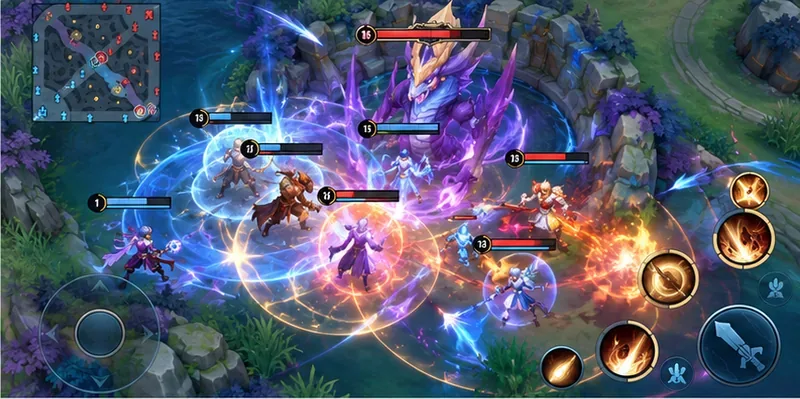 Fantasy MOBA team fight filled with overlapping spell effects, illustrating why maximum visual effects can clutter a crowded battle.