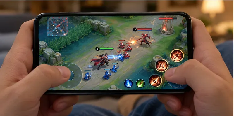 Hands holding a phone during a mobile MOBA match, showing a normal extended-session gaming setup.