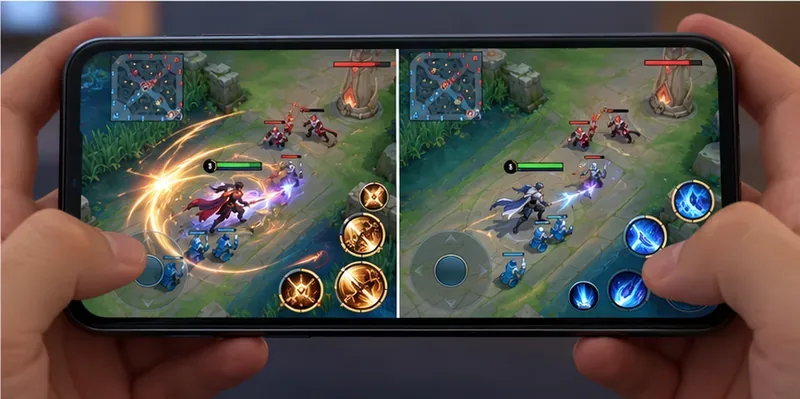 A phone screen shows the same MOBA lane with heavier effects on the left and simpler effects on the right for a one-setting comparison.