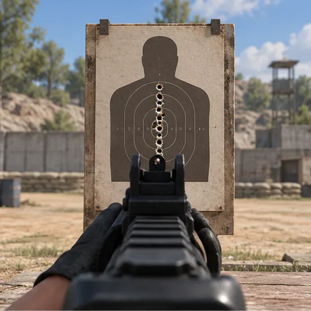 A target with a narrow vertical line of hits, illustrating upward climb in a recoil pattern.