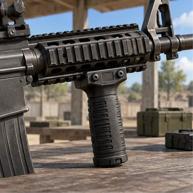 Close-up of a generic rifle’s foregrip mounted beneath its handguard at a training range.