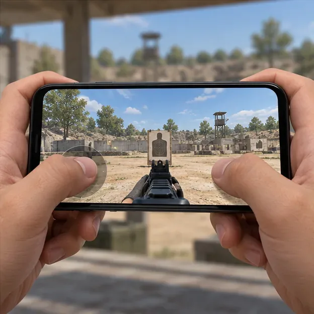 Hands hold a phone in landscape mode with both thumbs on a shooter practice-range screen.