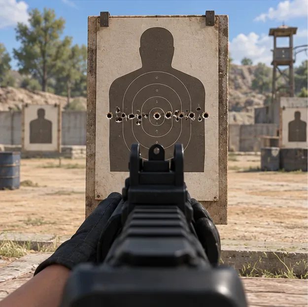 A target with shots spread from left to right, illustrating lateral recoil movement.