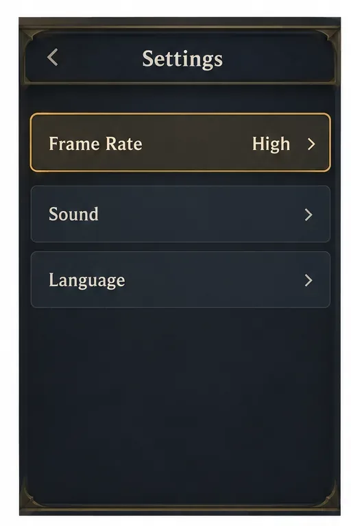Generic fantasy card game settings panel with the Frame Rate option set to High.