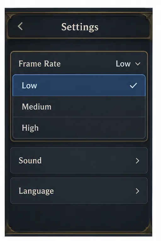 Generic card game settings panel with the Frame Rate selector open and Low, Medium, and High choices visible.