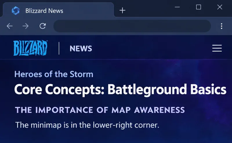Blizzard News article illustration with the Battleground Basics title and map-awareness heading describing the lower-right minimap.