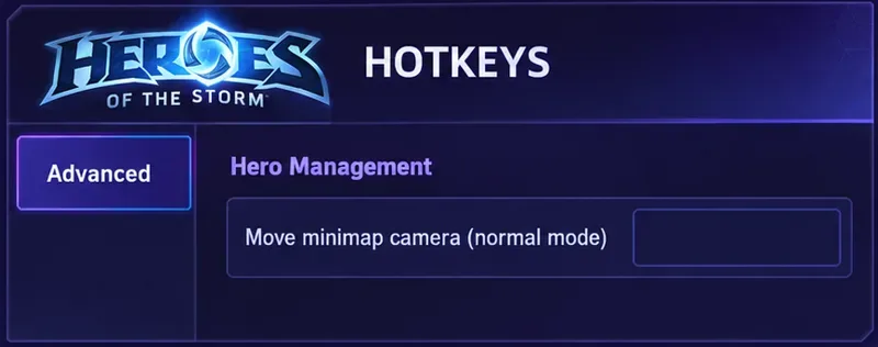 Heroes of the Storm Hotkeys illustration showing Move minimap camera (normal mode) with an empty binding field.