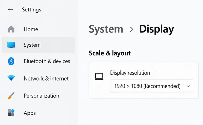 Windows Display settings illustration with a Display resolution dropdown showing 1920 x 1080 (Recommended) as an example.