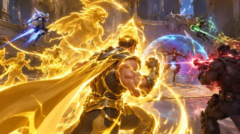 A friendly hero surrounded by a bright golden aura while other characters fight nearby