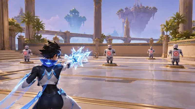 A hero aims at practice targets in an open arena with clear sightlines