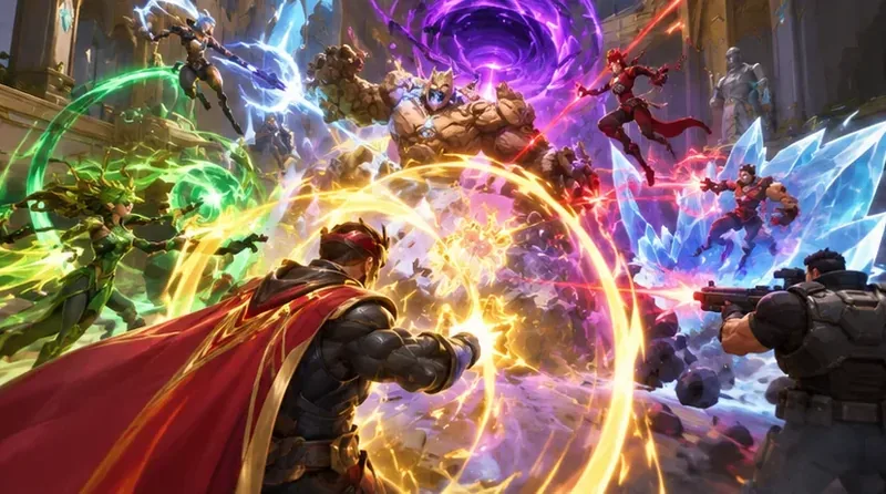 A crowded superhero arena fight with bright overlapping ability effects partially obscuring the combatants