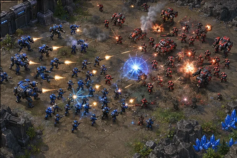 Blue and red armored units and infantry exchange fire amid several bright combat effects on a rocky battlefield.