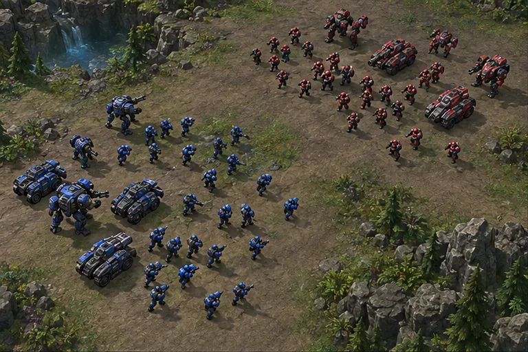 Blue and red infantry and armored units face off across a rocky battlefield, with clear space around the formations.
