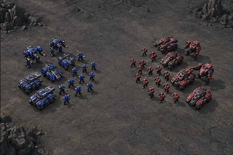 Blue and red infantry and armored vehicles stand apart on a broad, uncluttered gray battlefield.