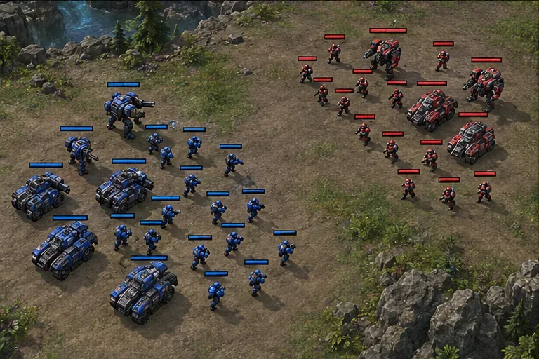 Blue and red units stand on rocky ground with blue and red health bars above their formations.
