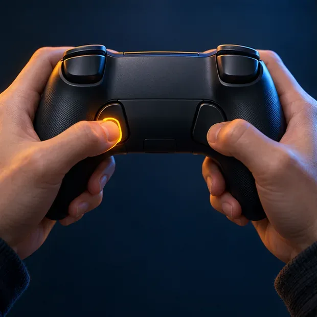 Achteraanzicht van een standaard gamecontroller met een vinger die op een van de gemarkeerde achterste paddles drukt, terwijl beide duimen op de analoge sticks blijven.