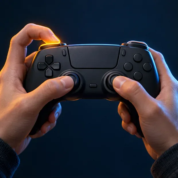 De handen houden een standaard controller vast, met een wijsvinger op de linker schouderknop en beide duimen op de analoge sticks.
