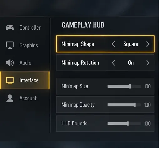 Een donker instellingenpaneel voor de gameplay-HUD markeert de minimapvorm die is ingesteld op Vierkant en de minimaprotatie die is ingeschakeld.