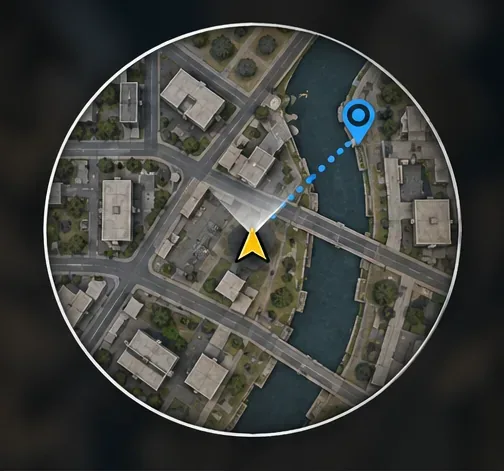 Een cirkelvormige minimap van een stedelijke wijk met een kanaal, een brug, een gele spelerspijl en een blauw waypoint, afgesneden in de hoeken.