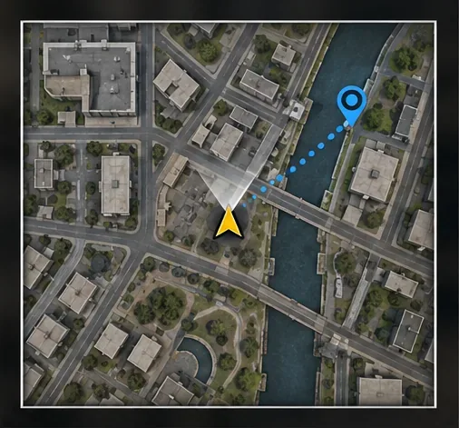 Vierkante minimap met straten, een kanaal, een brug, een gele spelerspijl en een blauw waypoint, waarbij kaartdetails in de hoeken zichtbaar zijn.