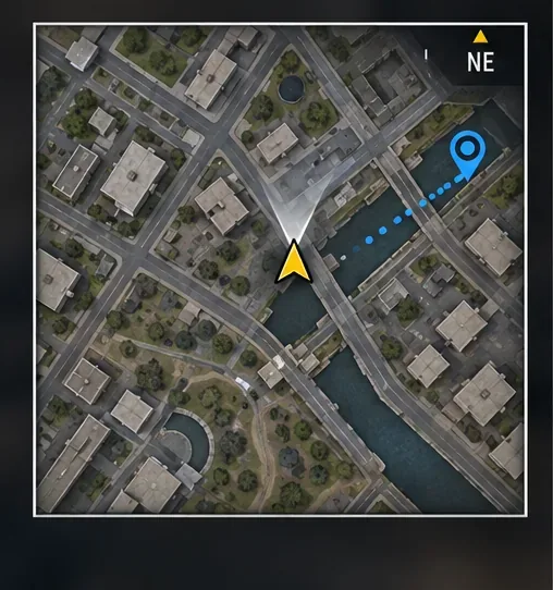 Een roterende vierkante minimap met schuin georiënteerde straten, een gecentreerde gele spelermarkering die naar voren wijst, en een blauw waypoint naast een kanaal.