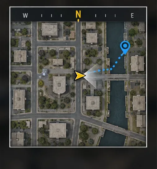 Vaste, vierkante minimap met het noordteken bovenaan en een gele pijl die naar rechts wijst, naar een blauw waypoint.