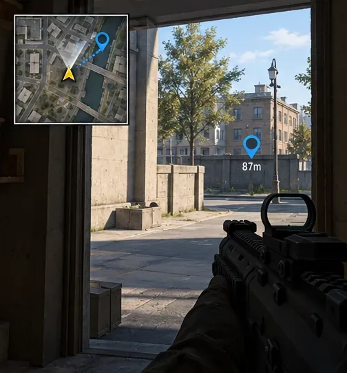 Een first-person shooter vanuit straatperspectief, gezien vanuit een deuropening, met een vierkante minimap linksboven en een blauw waypoint aan de overkant van de straat.