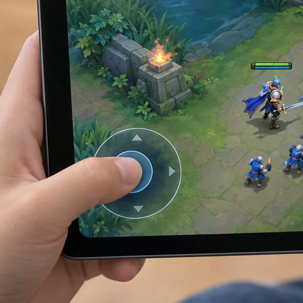 A left thumb resting naturally on the virtual joystick near the lower-left side of a landscape tablet screen.